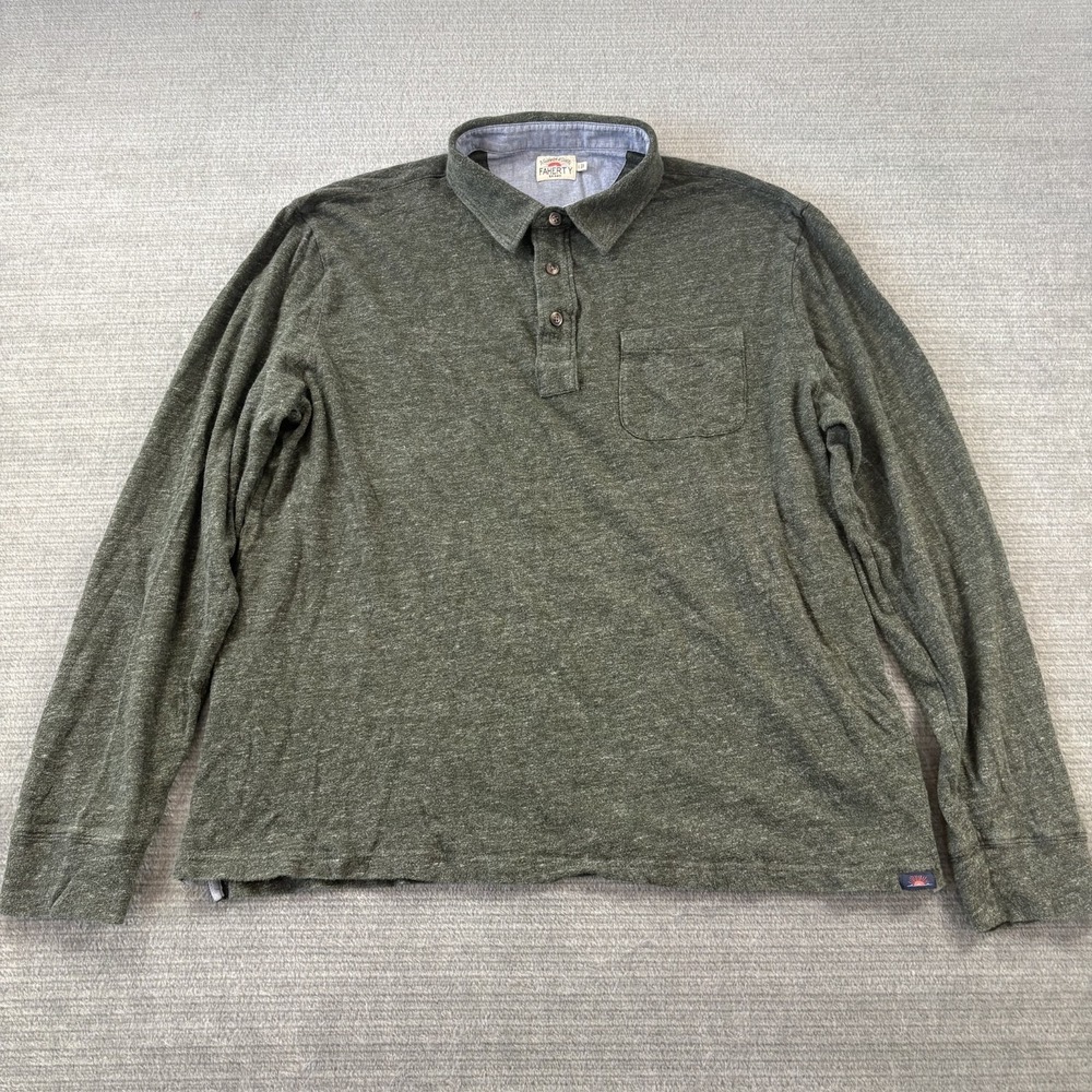 Faherty Luxe Heather Polo Mens Large Green Long Sleeve Stretch Casual